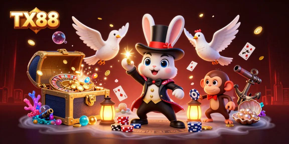 Experience the excitement of TX88 as a magician rabbit conjures coins, with a dove and monkey amidst gambling elements.
