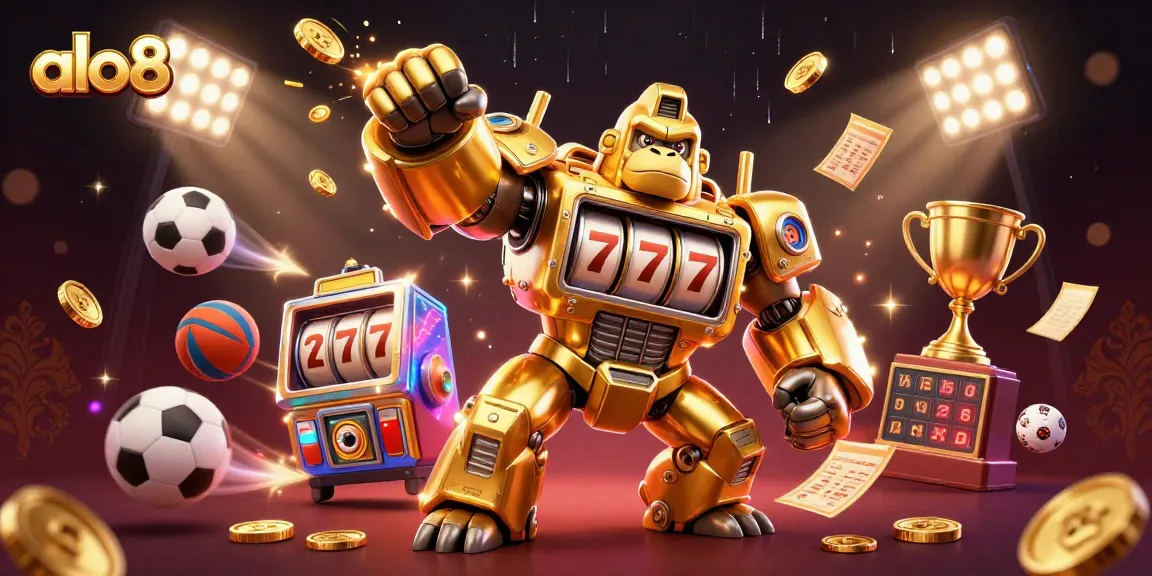 Bet on alo8 with $1000 bonuses in an exciting casino scene featuring a gorilla mech.