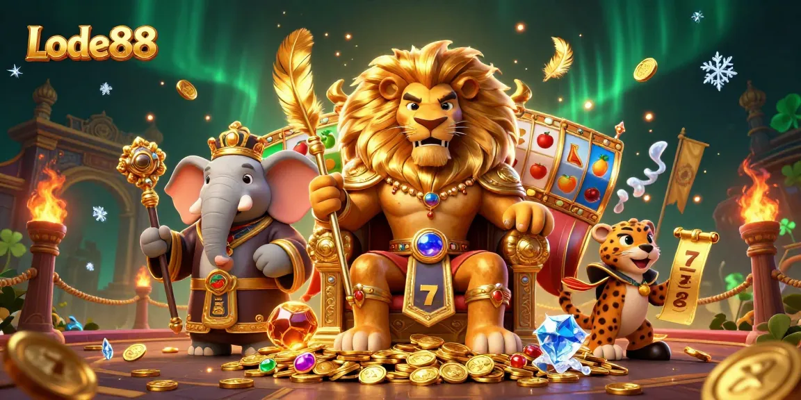 Lode88 showcases a majestic lion king in a vibrant casino scene filled with slot reels and gold.