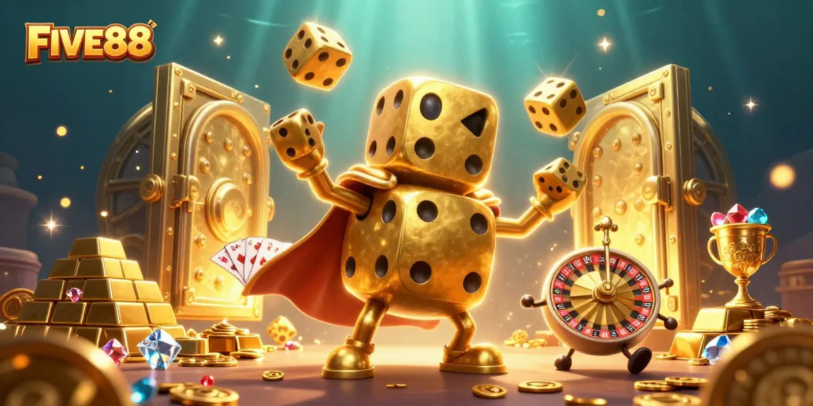 Engage with FIVE88's golden dice golem in a vibrant casino treasure scene.