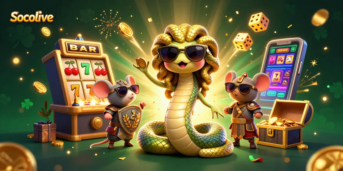 Bet on Socolive's exciting slot games featuring Medusa and a warrior mouse amidst treasures and jackpots.