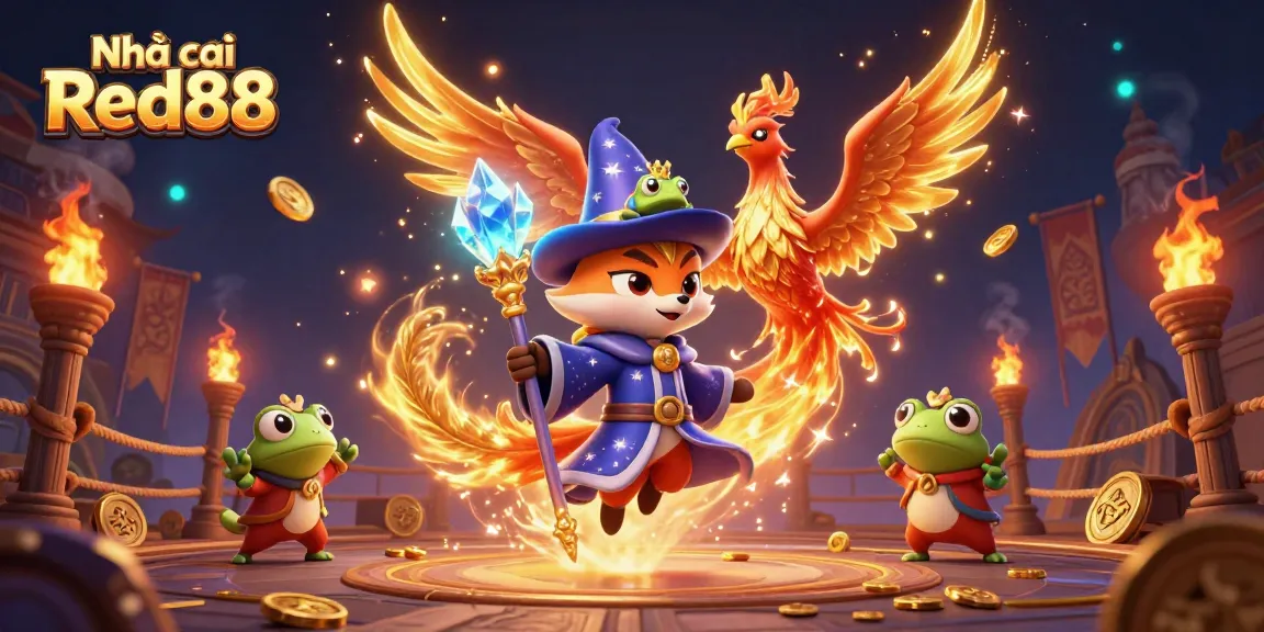 Engage with Nhà cái Red88 through a vibrant 3D casino illustration featuring a wizard fox, phoenix, and gaming elements.