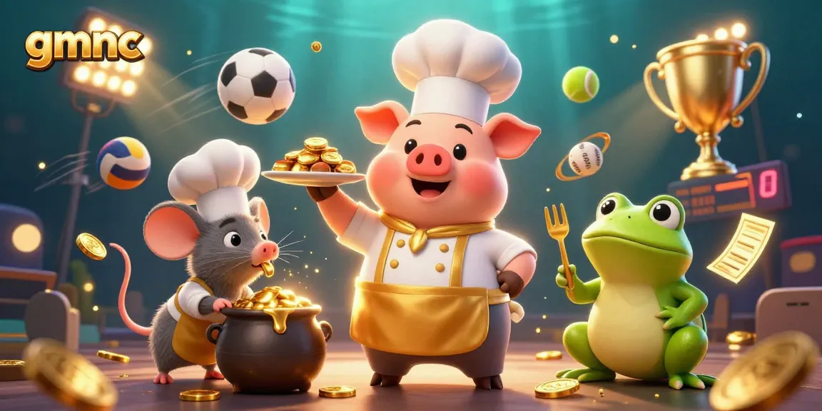 Experience gmnc's thrilling casino vibe as a chef pig serves gold coins amidst sports and gaming excitement.