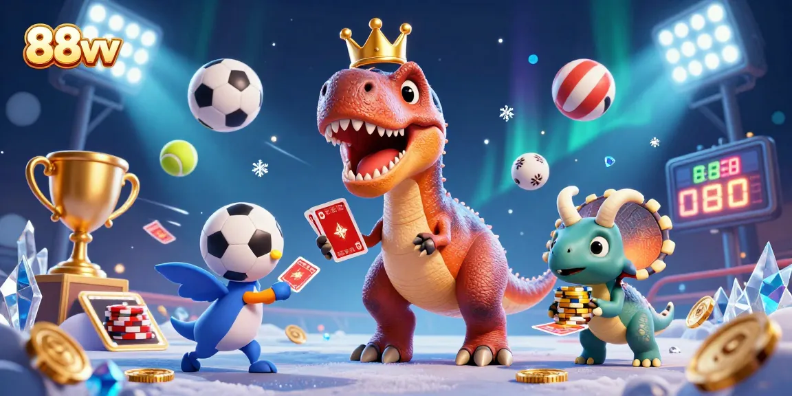 Engage in exciting gaming at 88vv amidst 3D cartoon characters enjoying card games and stacking chips.