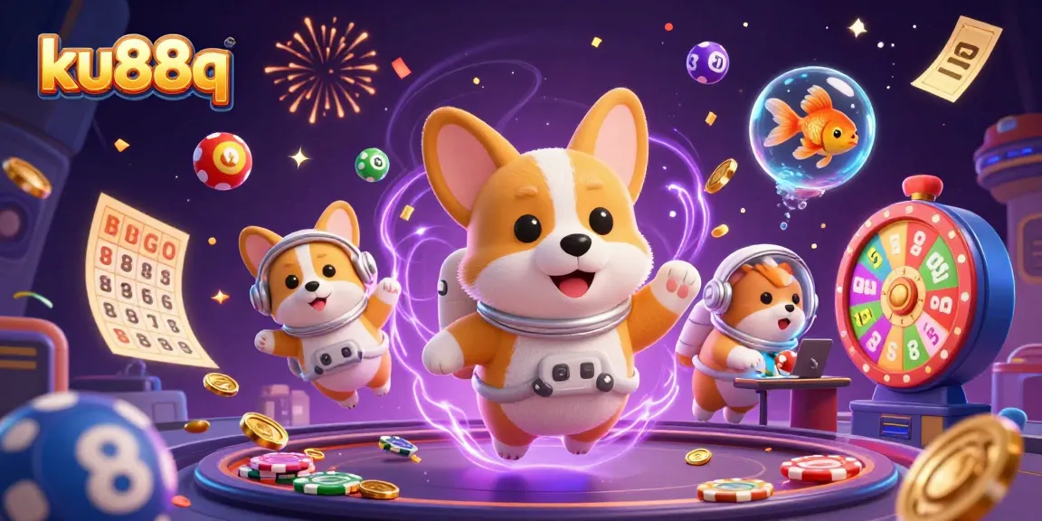 Engage with ku88q's vibrant casino adventure as astronauts and colorful lottery elements collide!