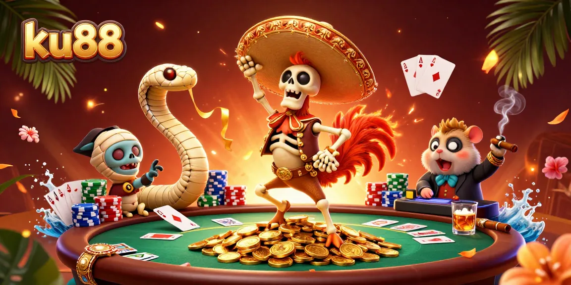 ku88 showcases energetic characters celebrating wins at a vibrant casino scene