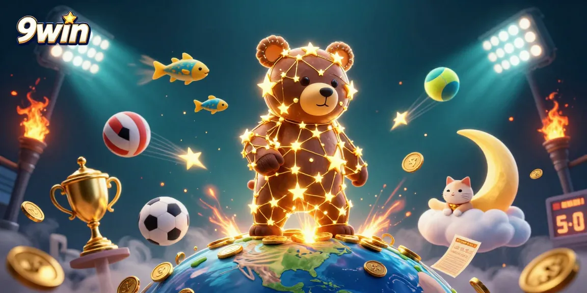 Experience winning action at 9win with a dynamic casino-themed illustration showcasing gaming excitement.