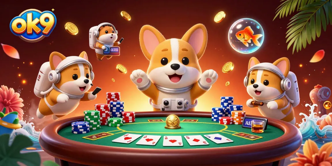 ok9 showcases a vibrant scene with a corgi astronaut and gaming elements in a floating casino.