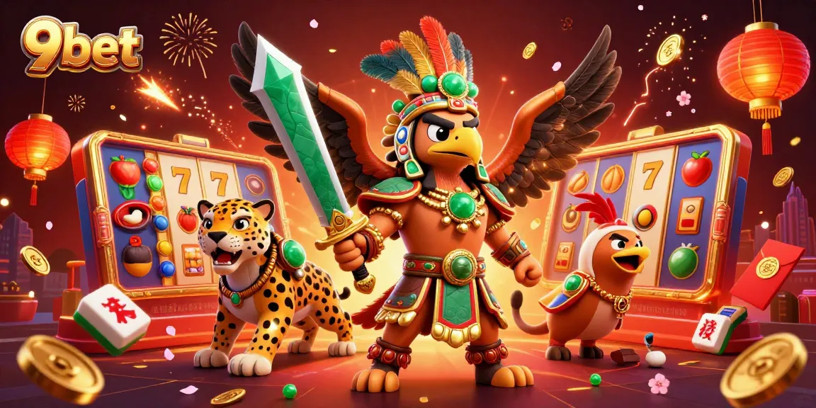Engage in thrilling casino action with 9bet, featuring vibrant slot reels and colorful characters.