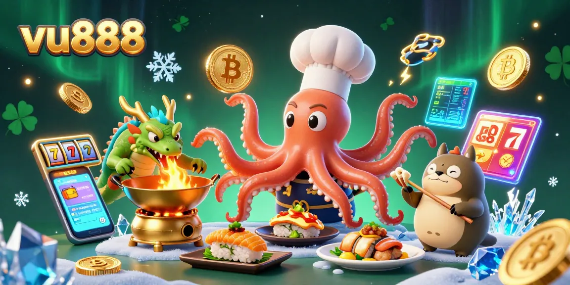 Experience thrilling gaming with vu888's vibrant 3D casino scene filled with slot reels and characters.