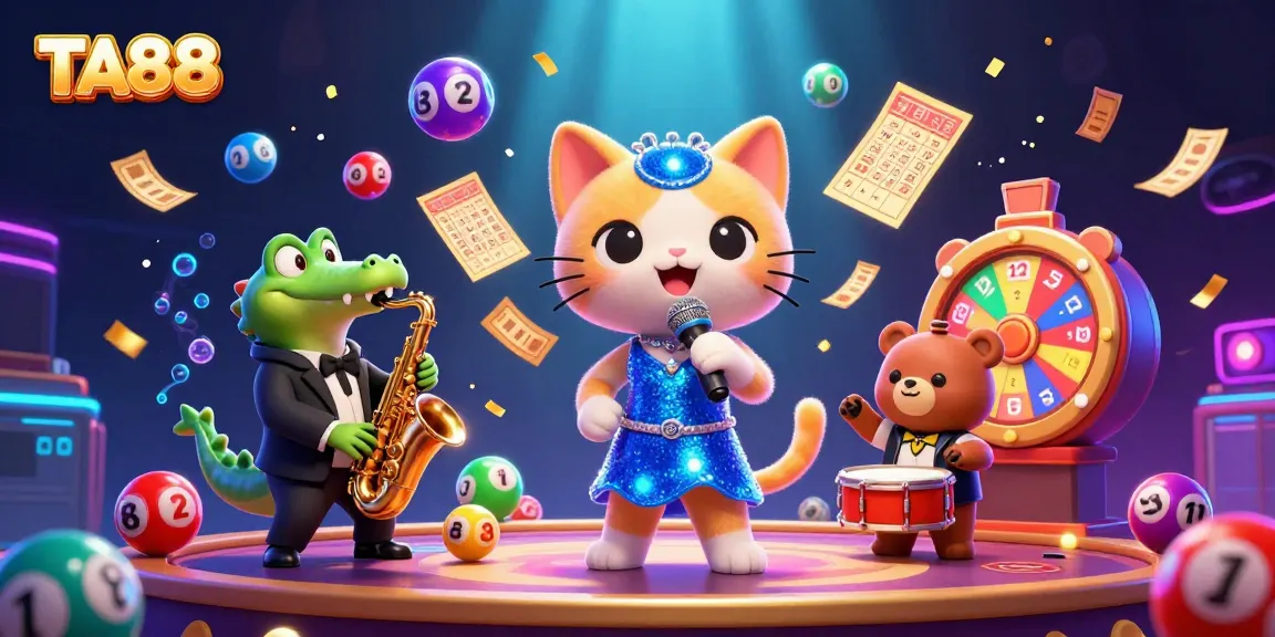 TA88 showcases a dynamic casino scene with a jazzy cat, saxophone croc, and drumming bear amidst vibrant gaming elements.