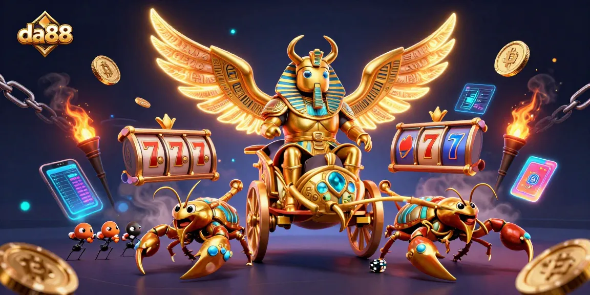 Engage with the thrilling da88 casino experience featuring a colossal scarab beetle amidst shining jackpot celebrations.
