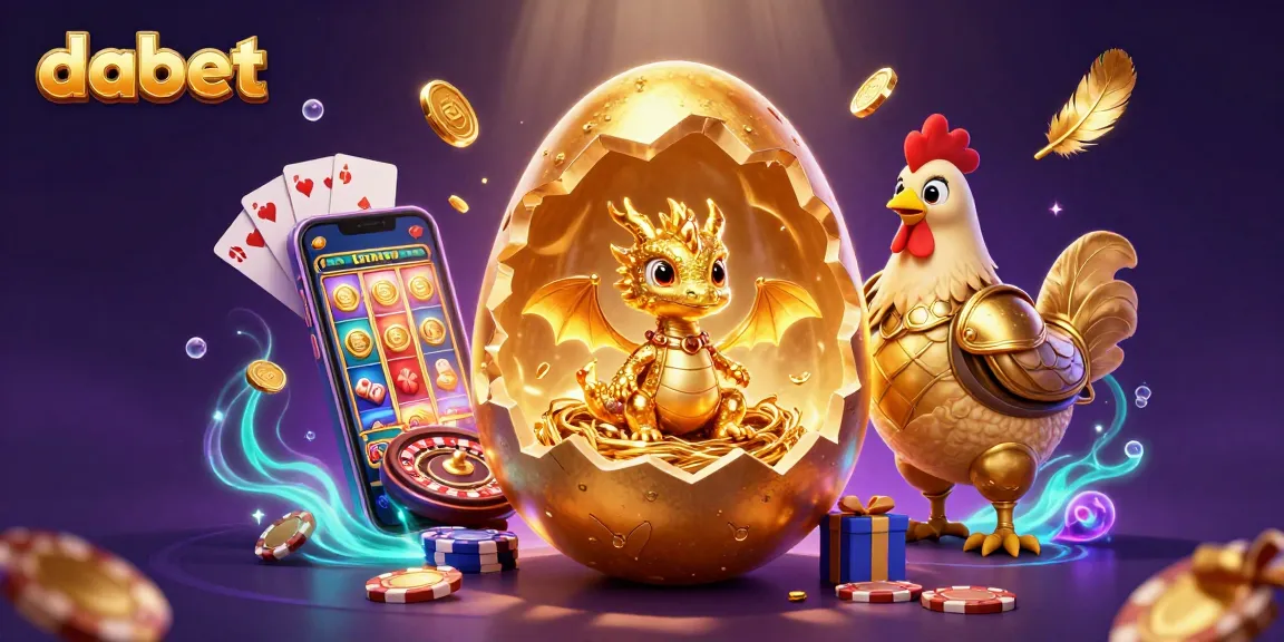 Win big at dabet with a stunning illustration of a golden baby dragon surrounded by casino elements.