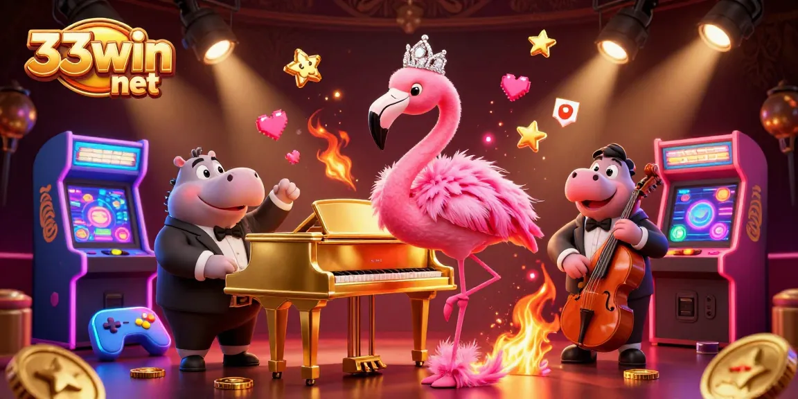Get ready to spin and win with 33win net's vibrant casino illustration featuring a flamingo singer and hippo bassist.