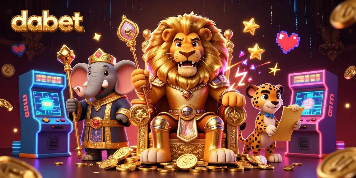 dabet showcases a vibrant casino scene with a lion king, wise elephant, and fast cheetah amid dynamic gaming elements.