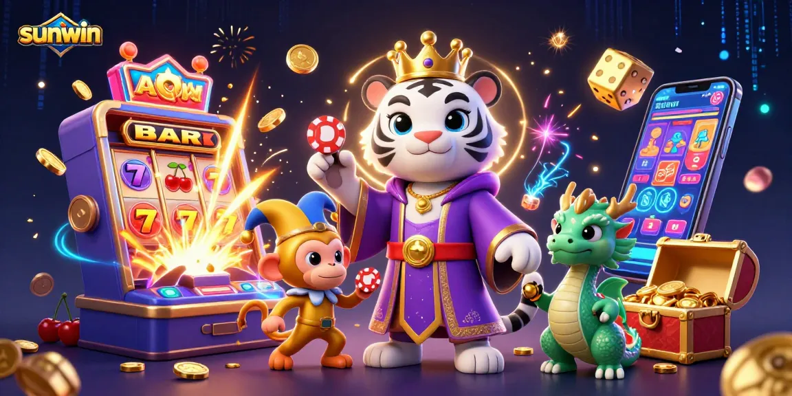 Experience the excitement of sunwin with a vibrant scene featuring a regal tiger, jester monkey, and jackpot elements.