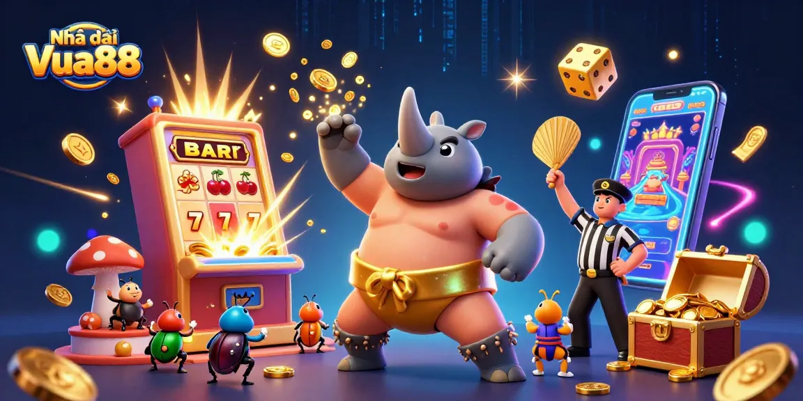 Experience the excitement from Nhà cái Vua88 with a vibrant casino scene featuring a beetle champion.