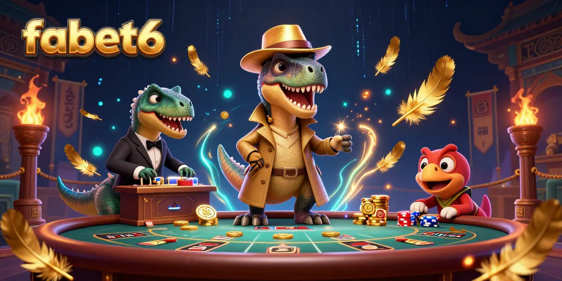 Experience the thrilling action at fabet6 as a velociraptor card counter interacts with a pit boss in a vibrant casino.