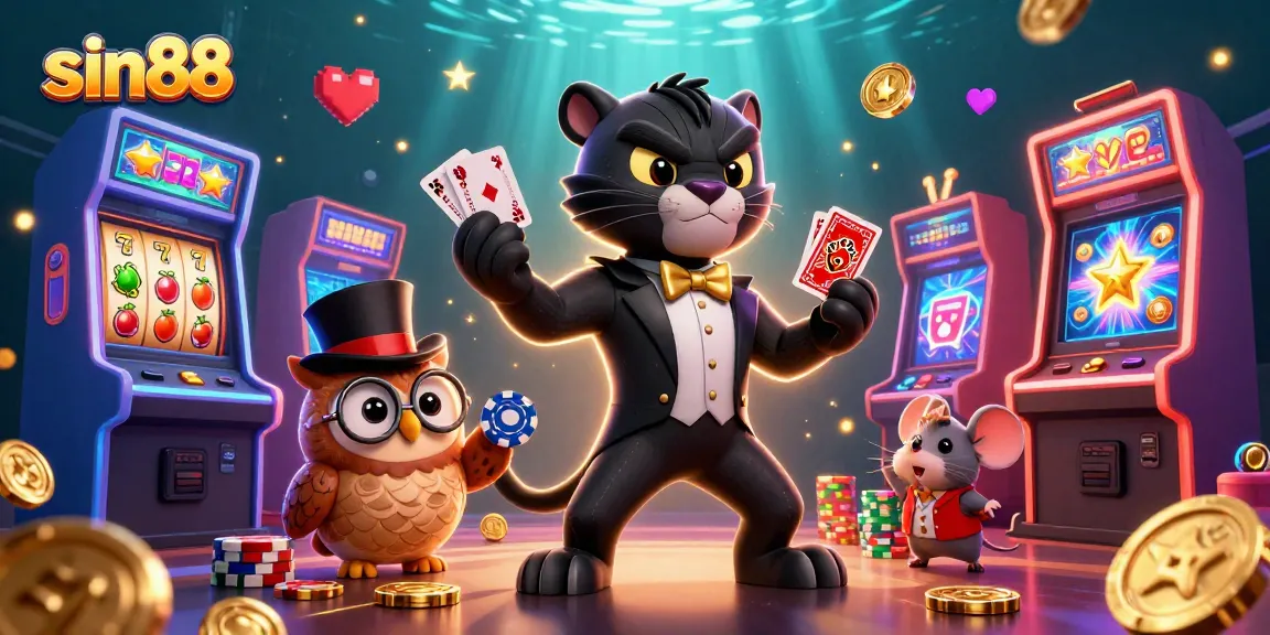 Join the thrill with sin88 as a tuxedo panther deals cards in a vibrant casino scene.