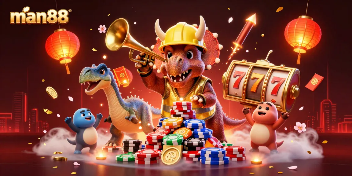 man88 showcases a dynamic casino scene with a triceratops building poker chip pyramids, vibrant celebration elements