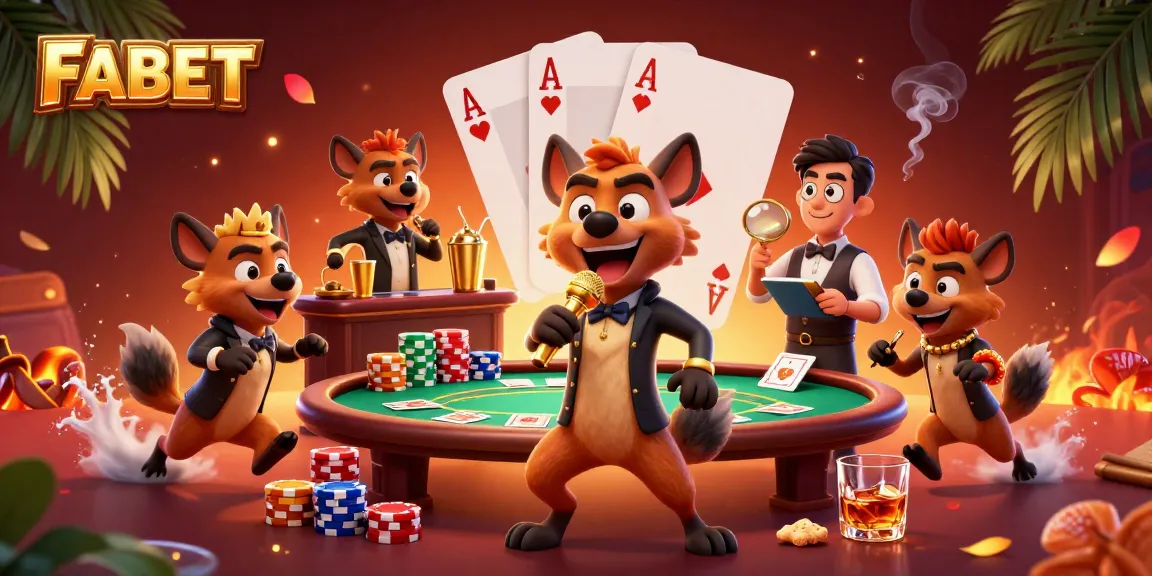 FABET hyenas run a comedy casino club with poker elements in an imaginative scene.