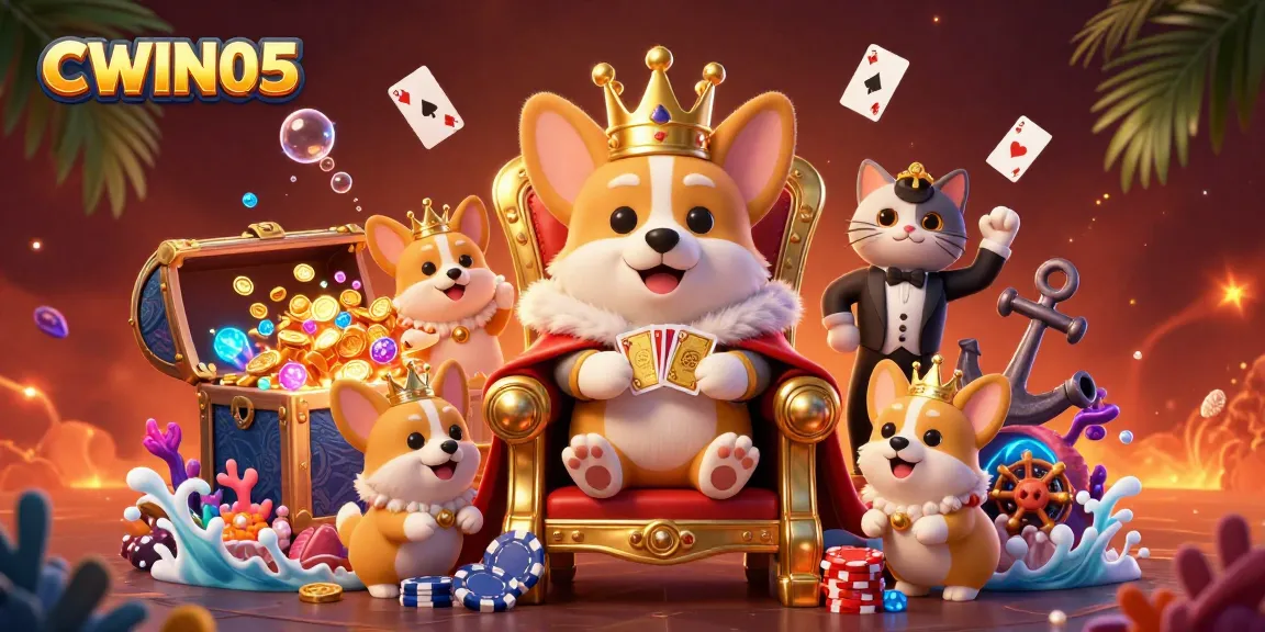 Engage in CWIN05's thrilling gameplay featuring a royal corgi surrounded by casino treasures.