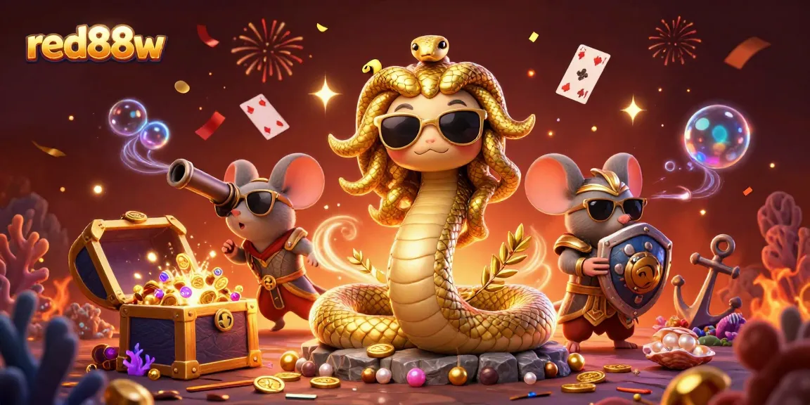 Experience the thrill of gambling with red88w's 3D scene featuring Medusa and playful warriors in a vibrant casino.