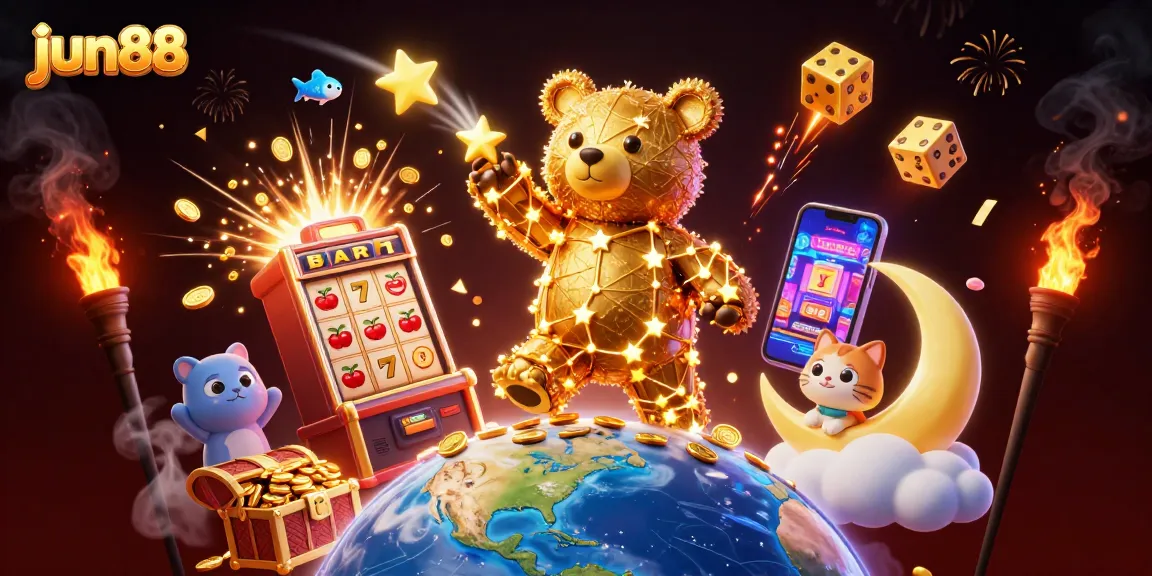 Experience the thrill of jun88 with golden stars, bursting slot machines, and vibrant casino games!