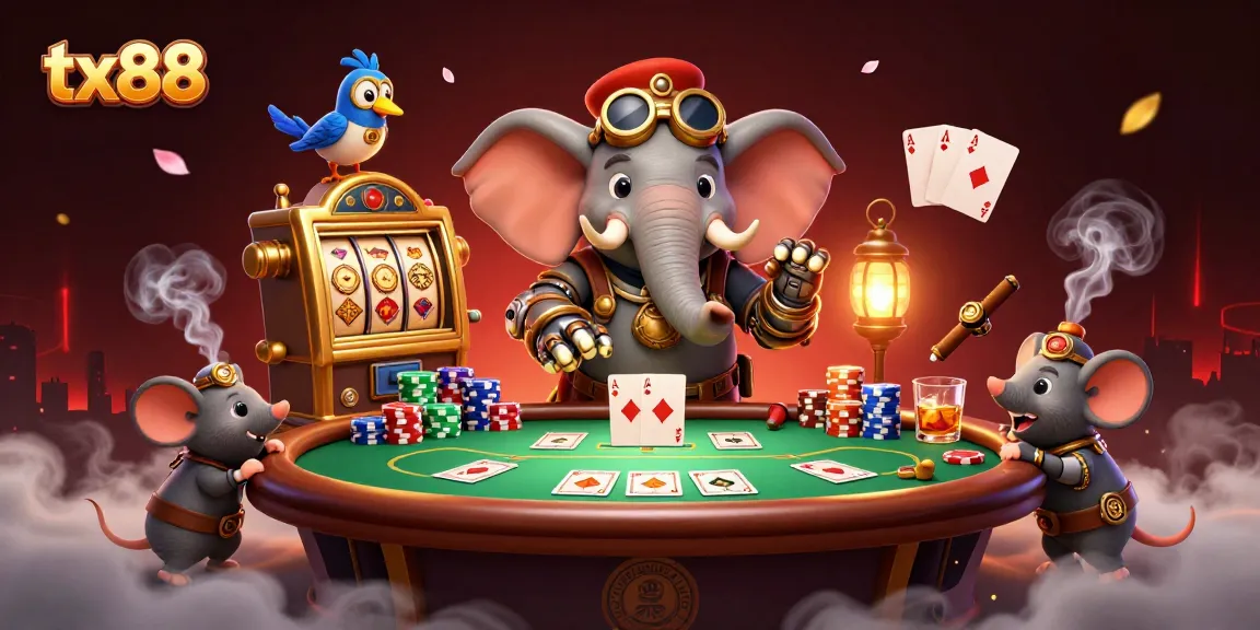 tx88 captivates with a vibrant illustration of a steampunk elephant at a glamorous casino scene, showcasing thrilling gaming action.