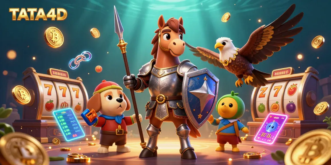 TATA4D presents an engaging casino scene with a knight, a puppy squire, and a falcon amidst dynamic slot reels and crypto elements.