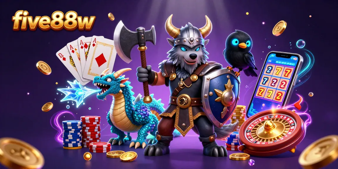 Engaging scene of five88w featuring Viking wolf warrior, dragon, and raven amidst casino elements.